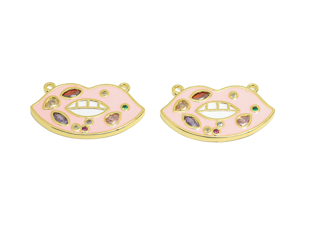 Brass Enamel Lip Pendant - Dainty Cubic Zircon Lips Charm - Luxury Charm With 2 Loops - 18K Real Gold Plated - 29.45x16.88x2.37mm - RGP10545 - DOMEDBAZAAR