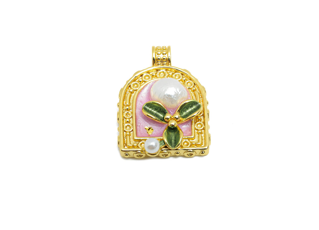 Domed Pearl Pendant - Dainty Brass Enamel Flower with Pearl Pendant - Chic Necklace Pendant - 18K Gold Plated - 22.48x16.63x5.87mm -RGP10683 - DOMEDBAZAAR
