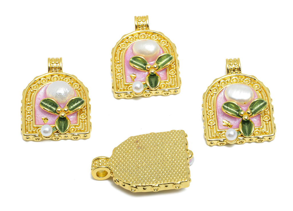 Domed Pearl Pendant - Dainty Brass Enamel Flower with Pearl Pendant - Chic Necklace Pendant - 18K Gold Plated - 22.48x16.63x5.87mm -RGP10683 - DOMEDBAZAAR