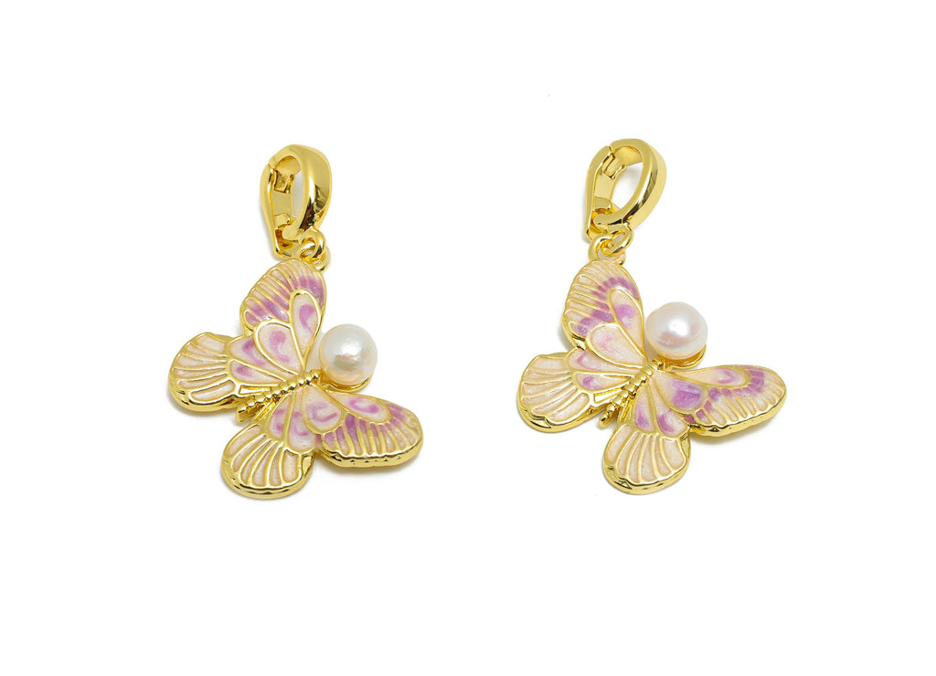 Pearl Butterfly Pendant - Brass Enamel Dainty Butterfly Pendant - Openable Necklace Pendant - 18K Real Gold Plated - 21x15.94x5mm - RGP10645 - DOMEDBAZAAR
