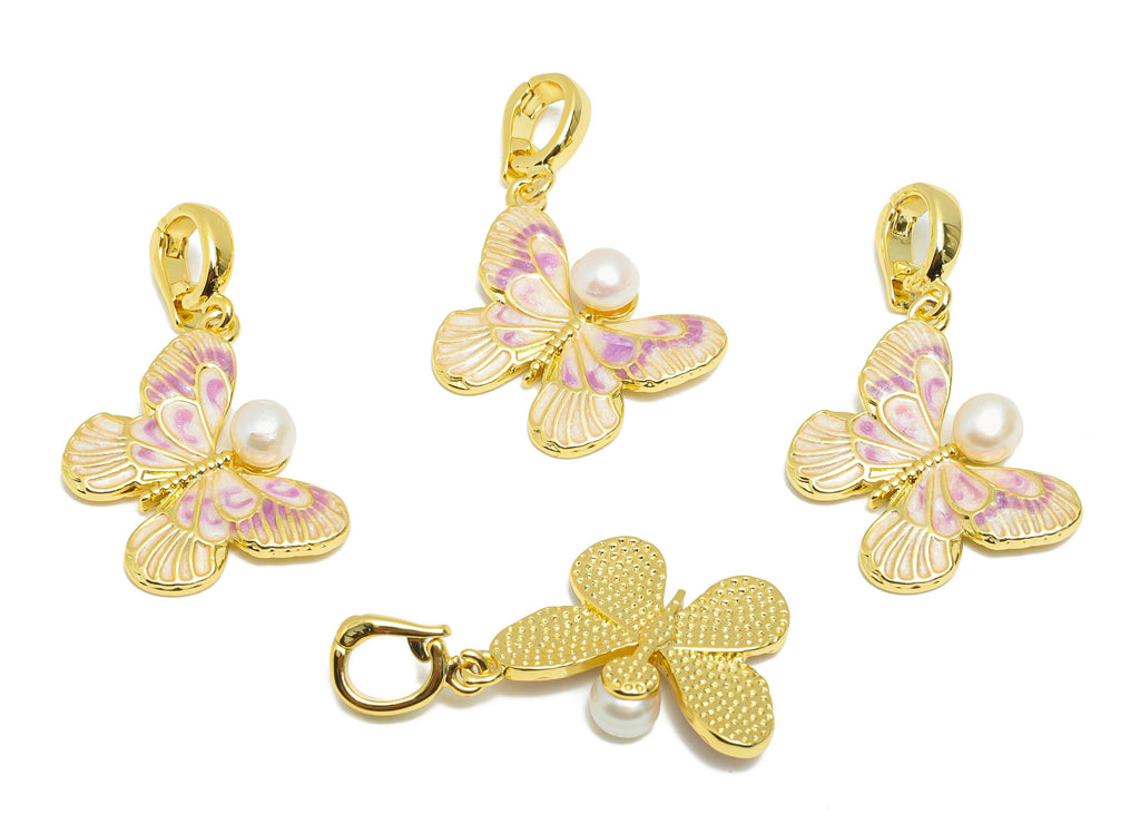 Pearl Butterfly Pendant - Brass Enamel Dainty Butterfly Pendant - Openable Necklace Pendant - 18K Real Gold Plated - 21x15.94x5mm - RGP10645 - DOMEDBAZAAR