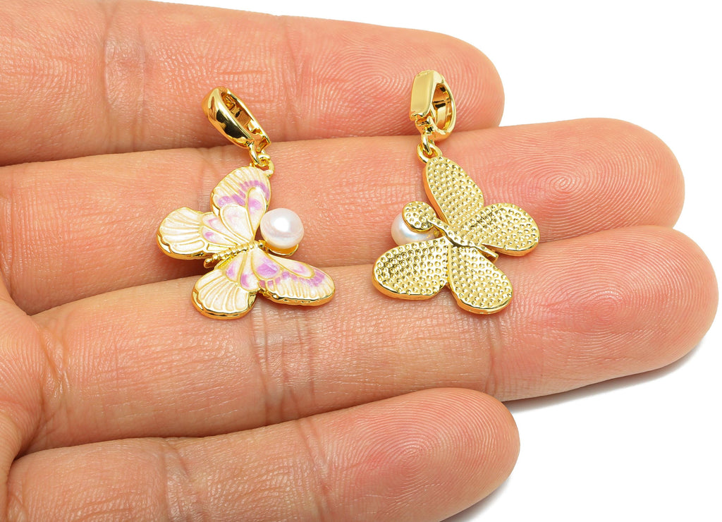 Pearl Butterfly Pendant - Brass Enamel Dainty Butterfly Pendant - Openable Necklace Pendant - 18K Real Gold Plated - 21x15.94x5mm - RGP10645 - DOMEDBAZAAR