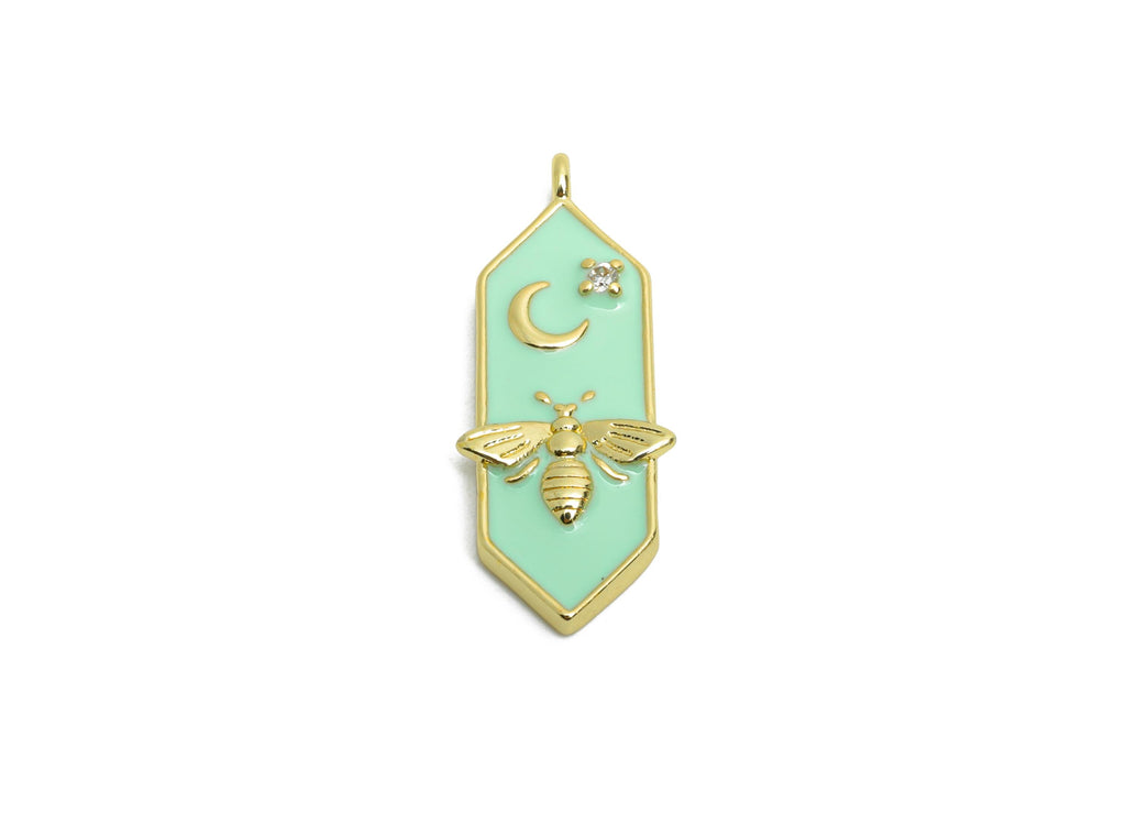 Brass Hexagon CZ Charm - Dainty Enamel Bee Moon Charm - Gold Bee Jewelry Accessories - 18K Real Gold Plated - 24.62x9.85x2.72mm - RGP10580 - DOMEDBAZAAR