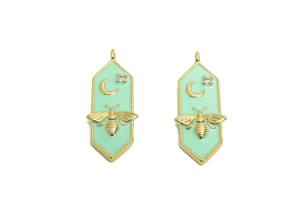 Brass Hexagon CZ Charm - Dainty Enamel Bee Moon Charm - Gold Bee Jewelry Accessories - 18K Real Gold Plated - 24.62x9.85x2.72mm - RGP10580 - DOMEDBAZAAR