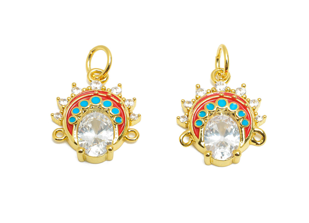 Brass Oval CZ Bracelet Charm - Dainty Enamel Chinese Opera Headdress Charm - Gold Special Jewelry - 18K Gold Plated - 16x12x4mm - RGP10543 - DOMEDBAZAAR