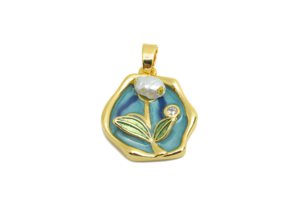 Brass Floral Pendant - Brass Enamel Handcrafted Look With Pearl Pendant - Artistic Gold Jewelry - 18K Real Gold Plated - 19x16x4mm- RGP10655 - DOMEDBAZAAR
