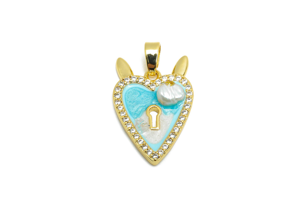 Brass Artistic Heart Pendant - Chic Zircon Enamel Painting Pendant - Heart Lock Dainty Jewelry - 18K Gold Plated - 20x13x3.71mm - RGP10651 - DOMEDBAZAAR