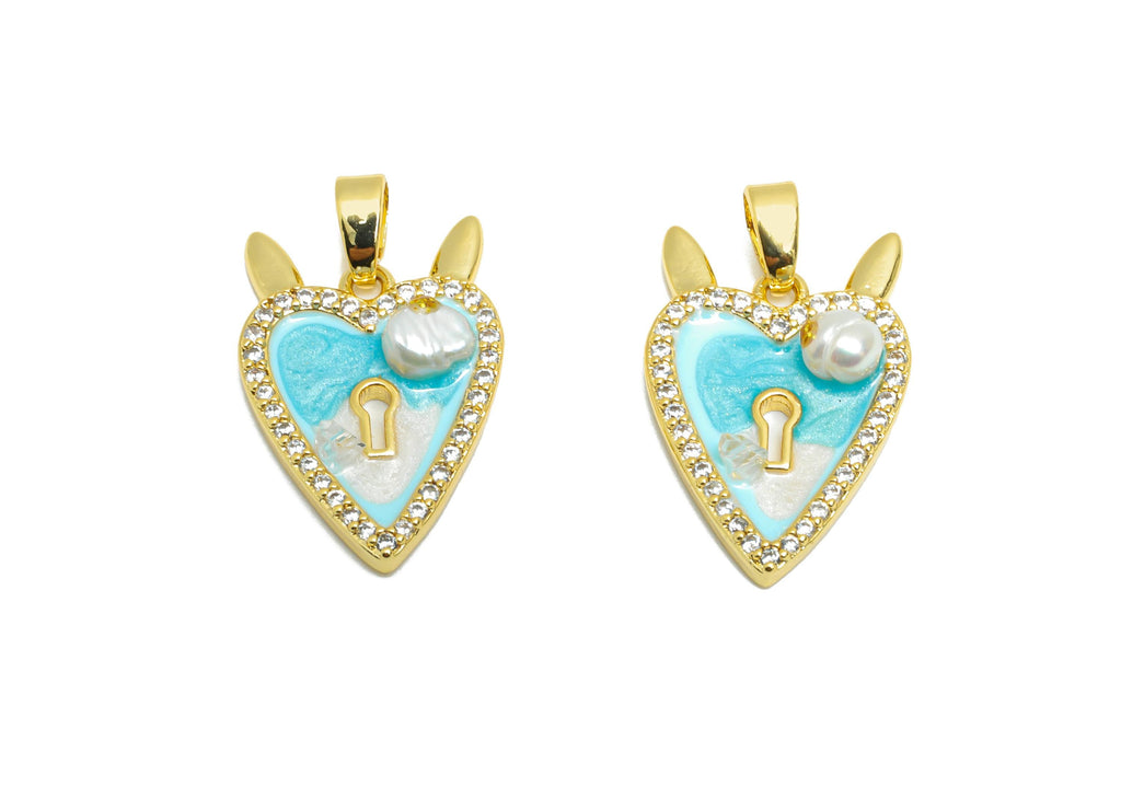 Brass Artistic Heart Pendant - Chic Zircon Enamel Painting Pendant - Heart Lock Dainty Jewelry - 18K Gold Plated - 20x13x3.71mm - RGP10651 - DOMEDBAZAAR