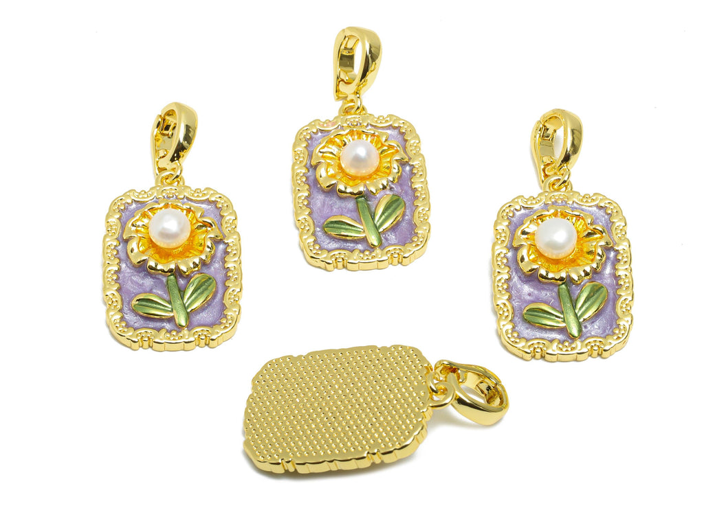 Brass Artistic Daisy Pendant - Chic Zircon Enamel Painting Pendant - Vintage Dainty Jewelry - 18K Gold Plated - 22x15x6.11mm - RGP10686 - DOMEDBAZAAR