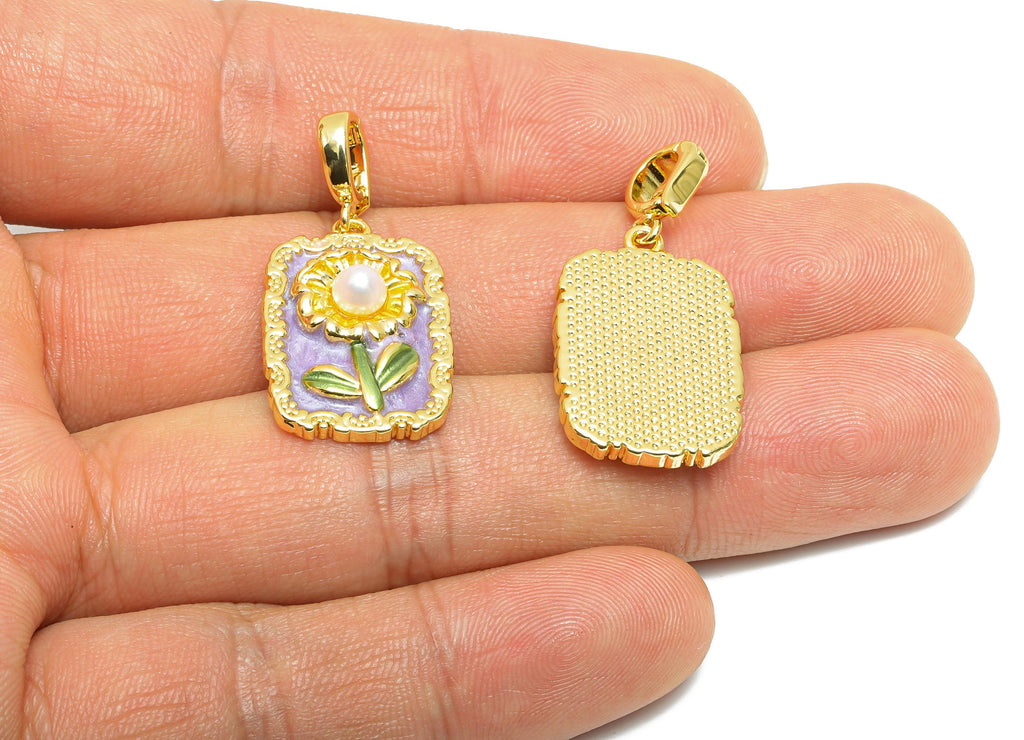 Brass Artistic Daisy Pendant - Chic Zircon Enamel Painting Pendant - Vintage Dainty Jewelry - 18K Gold Plated - 22x15x6.11mm - RGP10686 - DOMEDBAZAAR