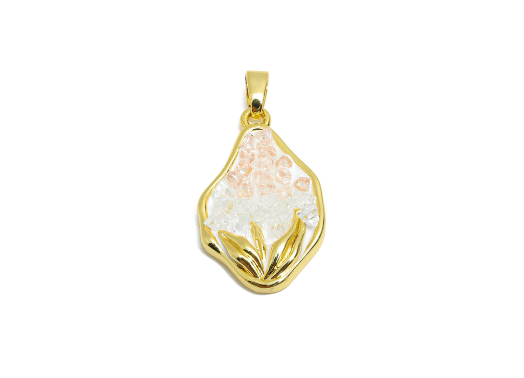 Brass Abstract Floral Pendant - Sparking Gold Crystals Pendant - Rose Quartz Enamel Jewelry - 18K Real Gold Plated  - 23x14x4mm - RGP10656 - DOMEDBAZAAR