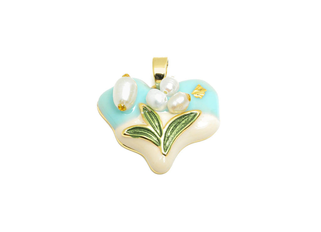 Brass Artistic Heart Pendant - Chic Pearl Enamel Flower Painting Pendant - Dainty Heart Jewelry - 18K Gold Plated - 19x20x6.78mm - RGP10642 - DOMEDBAZAAR