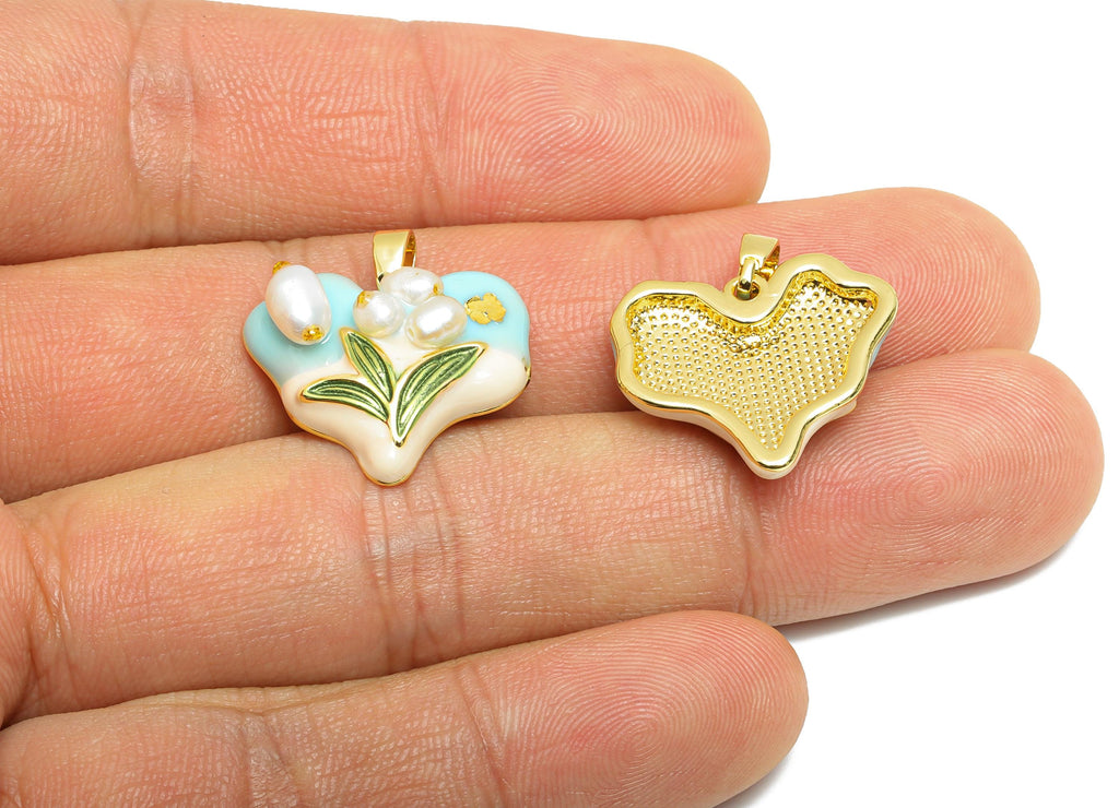 Brass Artistic Heart Pendant - Chic Pearl Enamel Flower Painting Pendant - Dainty Heart Jewelry - 18K Gold Plated - 19x20x6.78mm - RGP10642 - DOMEDBAZAAR