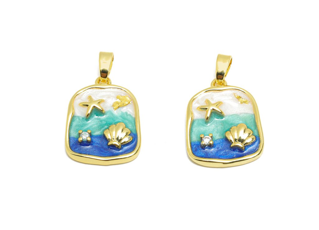 Gold Marine Pendant - Brass Dainty Enamel Cubic Zircon - Rectangle Ocean Earring Pendant - 18K Real Gold Plated - 20x14x3.67mm - RGP10648 - DOMEDBAZAAR