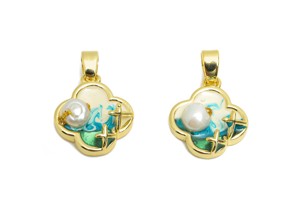 Brass Colorful Pendant - Brass Dainty Enamel With Pearl Pendant - Painting Pendant - for Necklace - 18K Real Gold Plated -14x11x3mm-RGP10682 - DOMEDBAZAAR