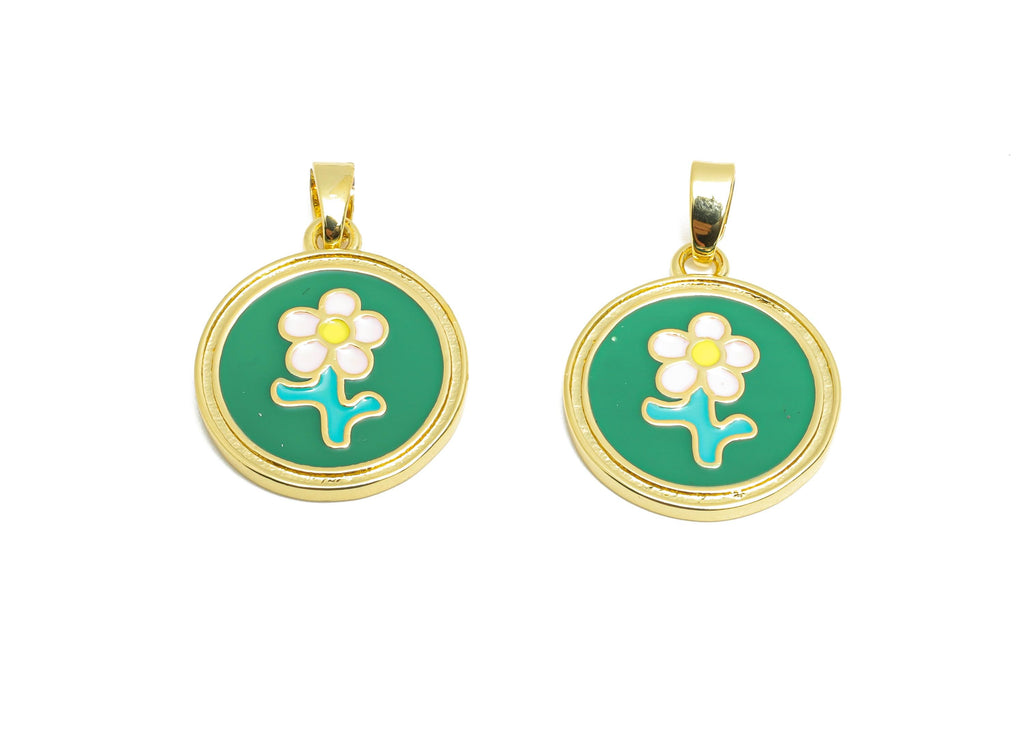 Round Flower Pendant - Dainty Gold Brass Enamel Pendant - Romantic Necklace Pendant - 18K Real Gold Plated - 18.35x15.86x1.71mm - RGP10689 - DOMEDBAZAAR
