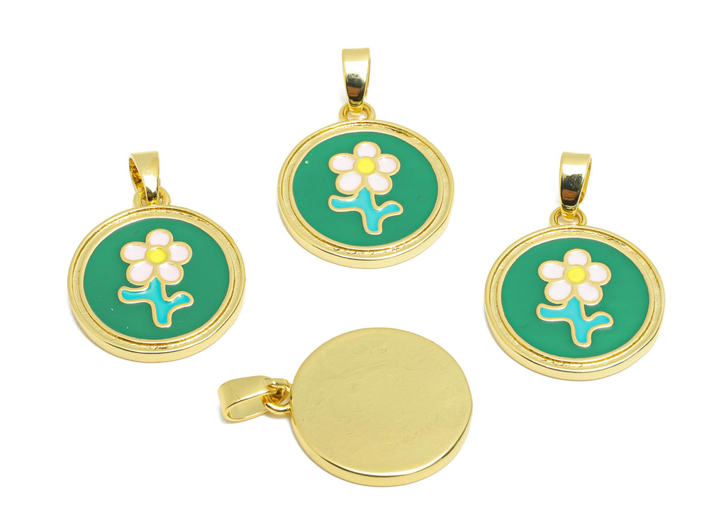 Round Flower Pendant - Dainty Gold Brass Enamel Pendant - Romantic Necklace Pendant - 18K Real Gold Plated - 18.35x15.86x1.71mm - RGP10689 - DOMEDBAZAAR