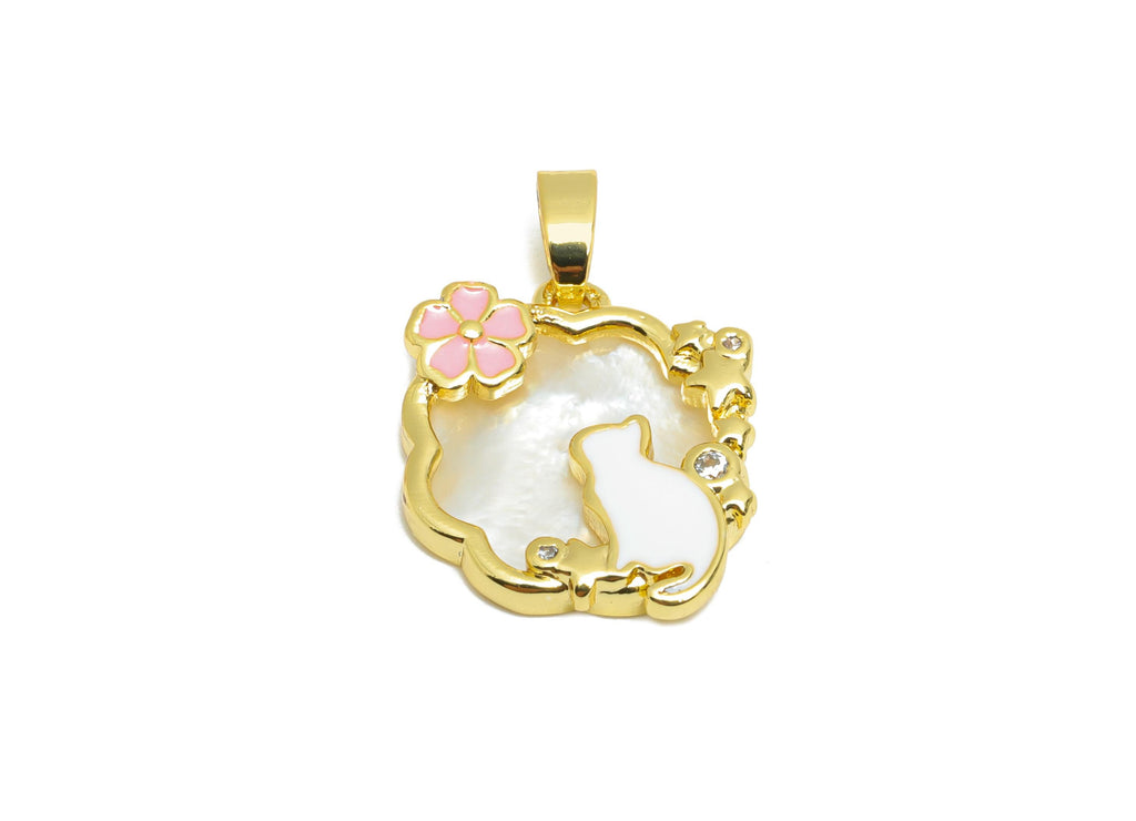 Brass Shell Cat Pendant - Brass Dainty Enamel Floral Pearl Pendant - Gold Vintage Pendant - 18K Real Gold Plated - 18x16x3mm - RGP10646 - DOMEDBAZAAR