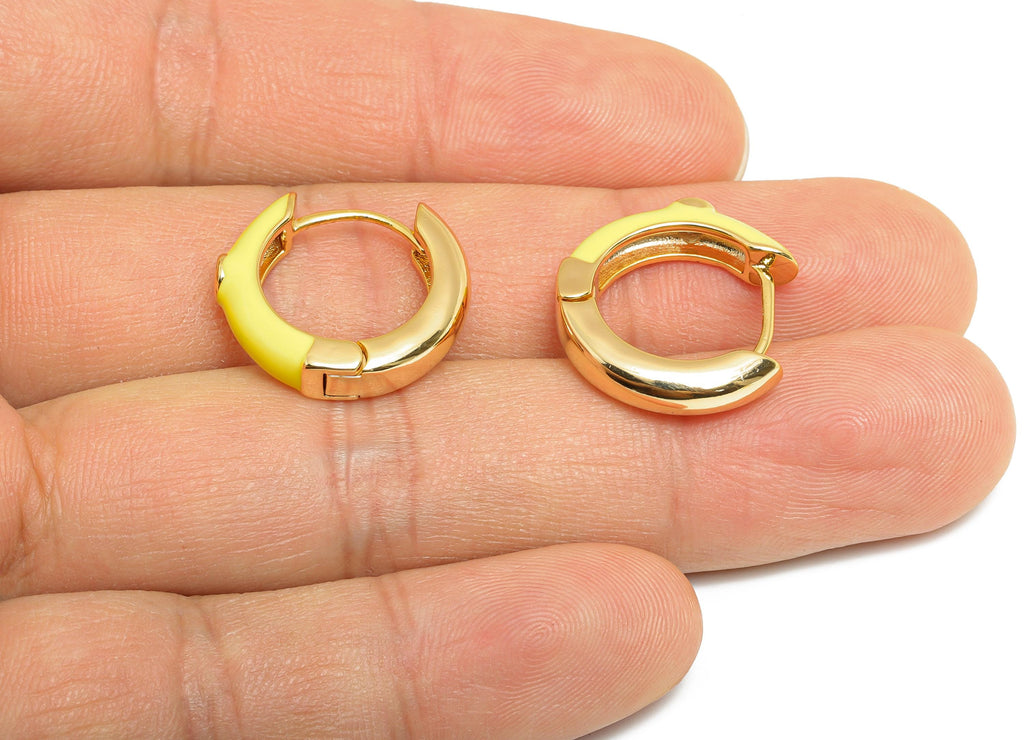 Gold Hoop Earring - Brass Vibrant Yellow Enamel Hoop Clasp - Bright Gold and Enamel Huggie Hoop - 18K Real Gold Plated - 19x18x4mm-RGP10378A - DOMEDBAZAAR