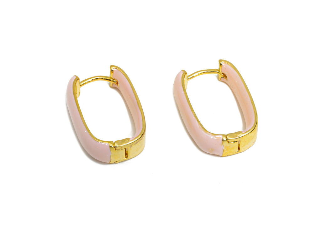 Brass U Shape Hoop Earring - Pink Enamel Chunky Earring - Minimalist Gold Oval Earring - 18K Real Gold Plated - 21.01x14.92x6.2mm -RGP9604A - DOMEDBAZAAR