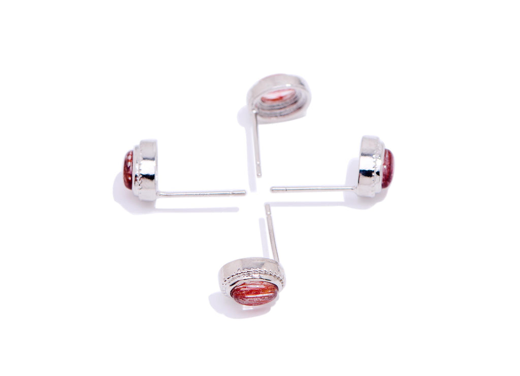 Hairite Stone Brass Oval Stud - Natural Gemstone Oval Earring Post - Modern Jewelry - Silver Stud - White K Plated - 8.68x6.8x4.67mm -NS2635 - DOMEDBAZAAR