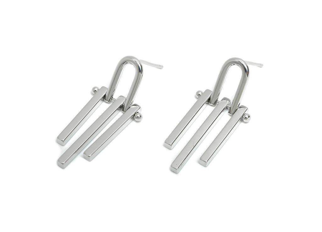 Brass Triple Bars Tassel Earring - White Unique Earring Post - Geometric Dangling Earring -18K Real White Gold Plated -32.8x15x2mm -RGP9534S - DOMEDBAZAAR