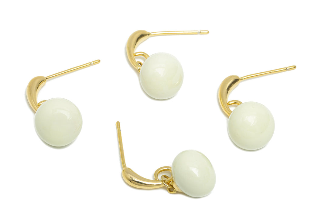Brass Round Ball Dangle Earring - White Enamel Ball Hanging Earring Post - Gold Everday Jewelry - 18K Gold Plated - 20x9.17x0.74mm -RGP9603A - DOMEDBAZAAR