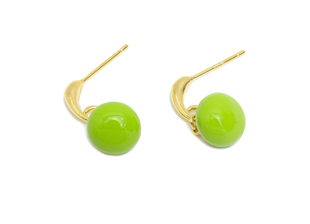 Brass Round Ball Dangle Earring - Green Enamel Ball Hanging Earring Post - Gold Everday Jewelry - 18K Gold Plated - 20x9.17x0.74mm -RGP9603D - DOMEDBAZAAR