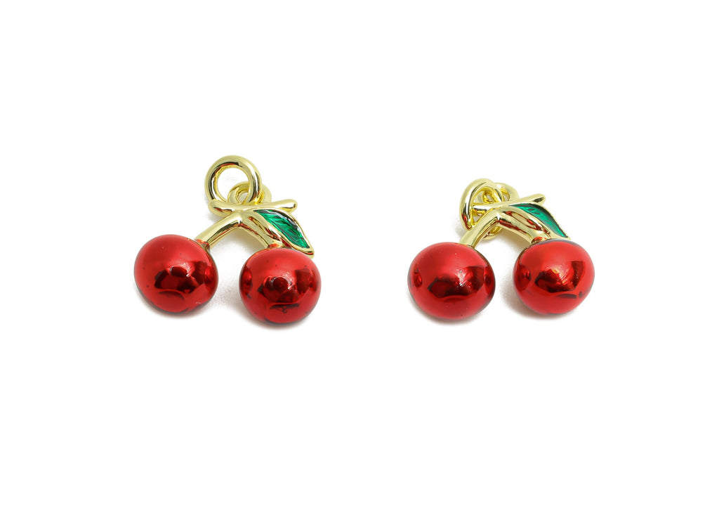 Brass Cherry Charm - Brass Colorful Dainty Enamel Red Cherry Charm - Gold and Red Cherry Charm - 18K Real Gold Plated - 11x12x5mm - RGP10612 - DOMEDBAZAAR
