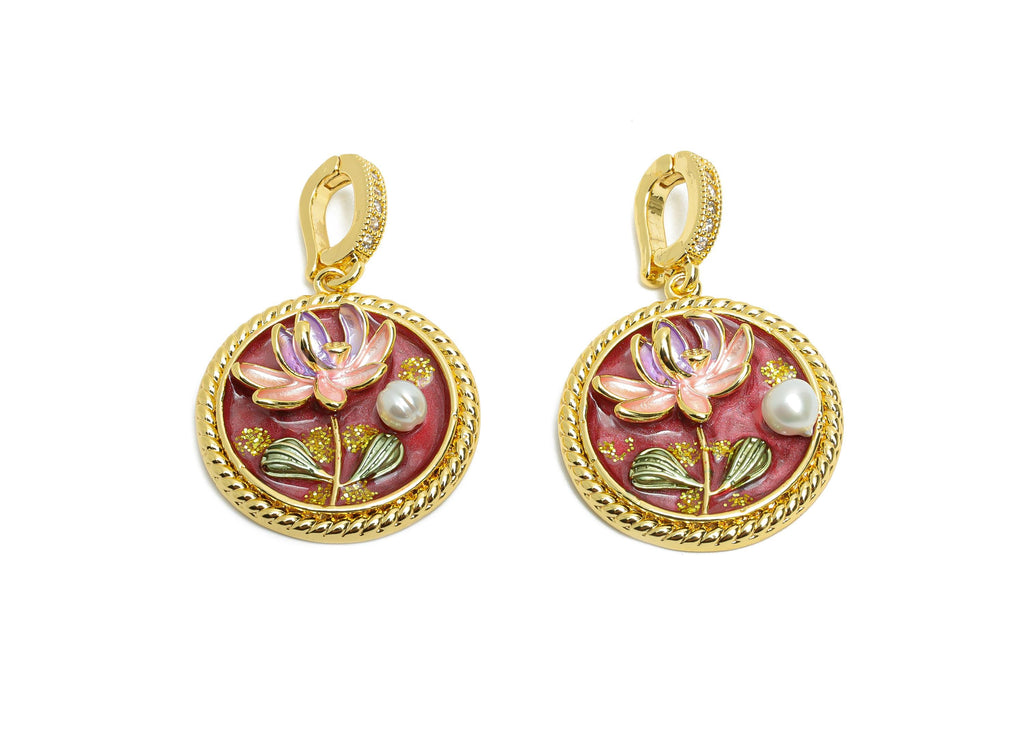 Brass Lotus Pendant - Brass Colorful Enamel Floral Pendant With Pearl - CZ Painting With Bail - 18K Real Gold Plated - 34x22x5mm - RGP10711 - DOMEDBAZAAR