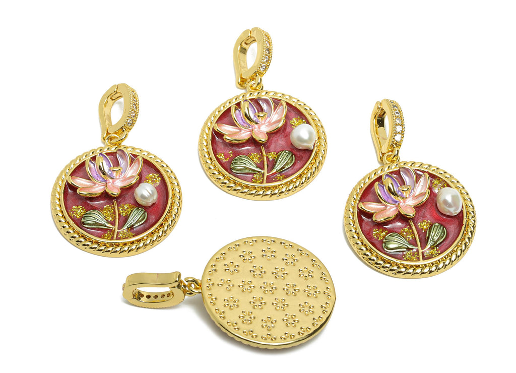 Brass Lotus Pendant - Brass Colorful Enamel Floral Pendant With Pearl - CZ Painting With Bail - 18K Real Gold Plated - 34x22x5mm - RGP10711 - DOMEDBAZAAR