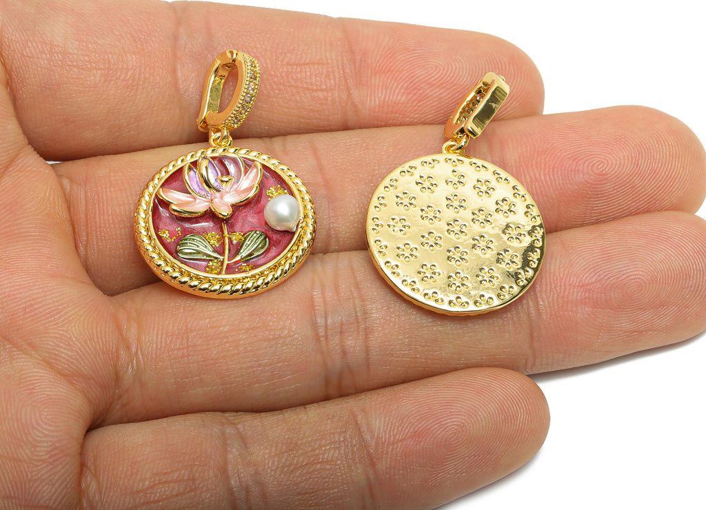 Brass Lotus Pendant - Brass Colorful Enamel Floral Pendant With Pearl - CZ Painting With Bail - 18K Real Gold Plated - 34x22x5mm - RGP10711 - DOMEDBAZAAR