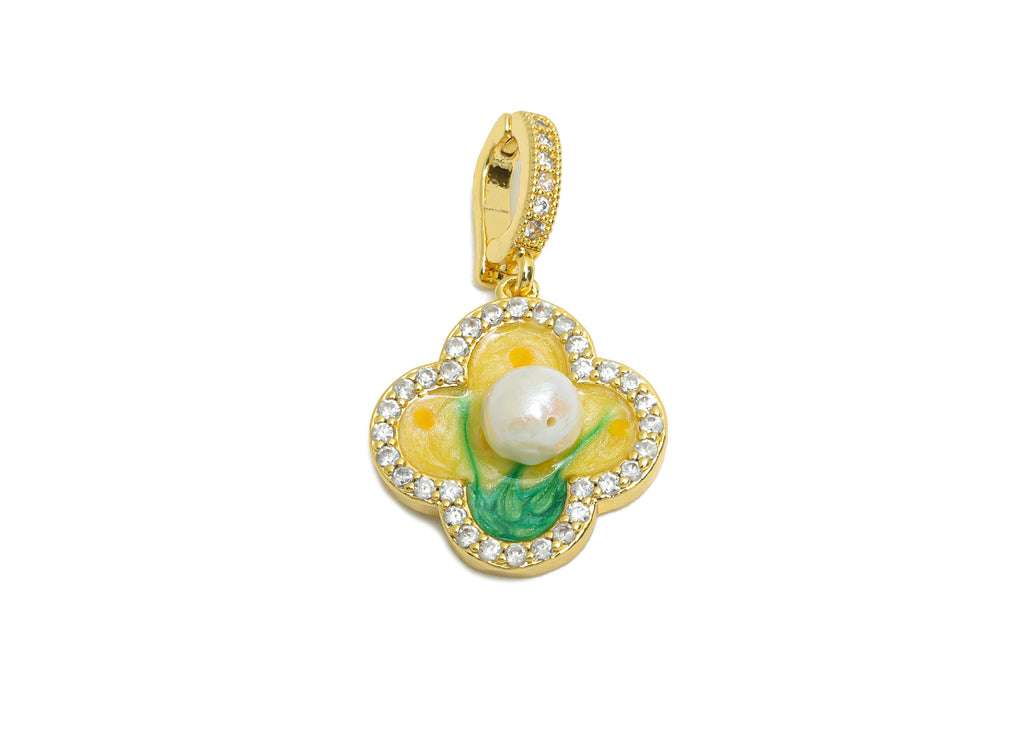 Brass Clover Pendant - Brass Colorful Enamel Pearl Zircon Pendant - Bracelet Charm With Bail - 18K Real Gold Plated - 30x17x7mm -RGP10705 - DOMEDBAZAAR