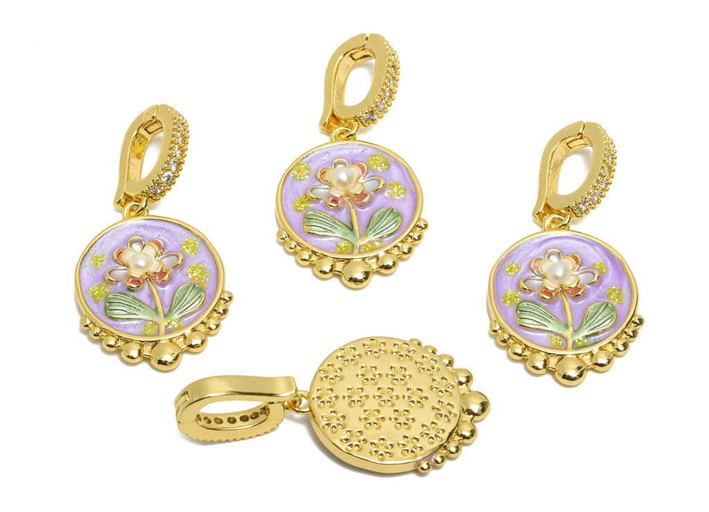 Brass Floral Pendant - Brass Colorful Enamel Zircon Pendant With Pearl - Bracelet Charm With Bail - 18K Real Gold Plated -31x16x4mm-RGP10706 - DOMEDBAZAAR