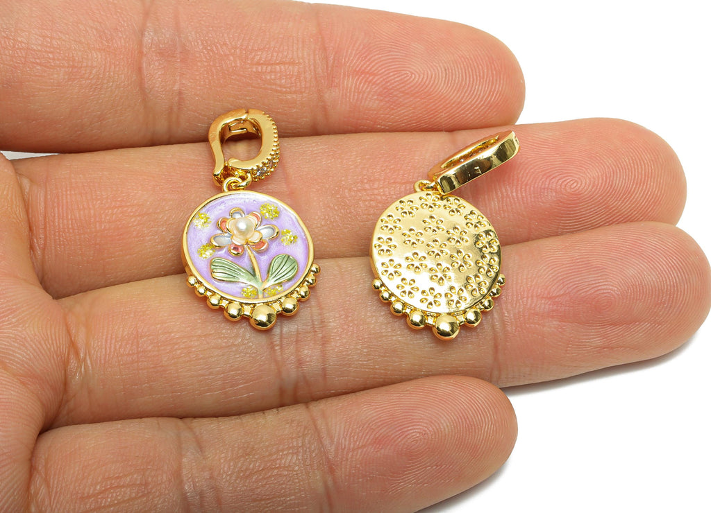 Brass Floral Pendant - Brass Colorful Enamel Zircon Pendant With Pearl - Bracelet Charm With Bail - 18K Real Gold Plated -31x16x4mm-RGP10706 - DOMEDBAZAAR