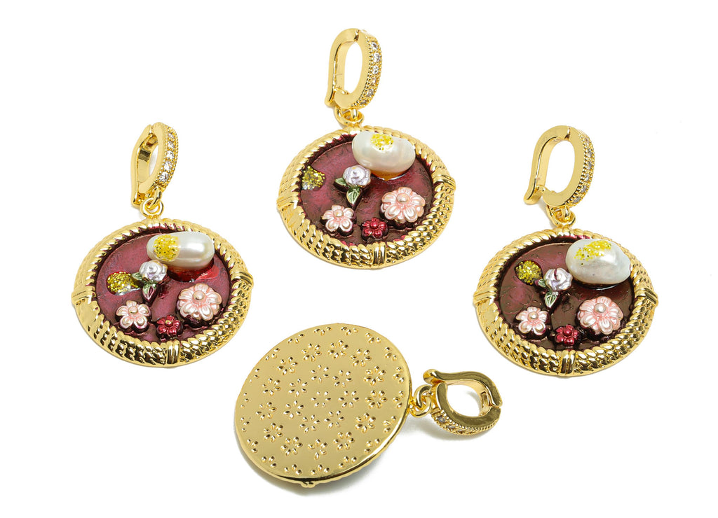 Brass Floral Pendant - Brass Luxe Enamel Pendant With Pearl - Dainty Bracelet Charm With Bail - 18K Real Gold Plated - 34x22x7mm - RGP10704 - DOMEDBAZAAR