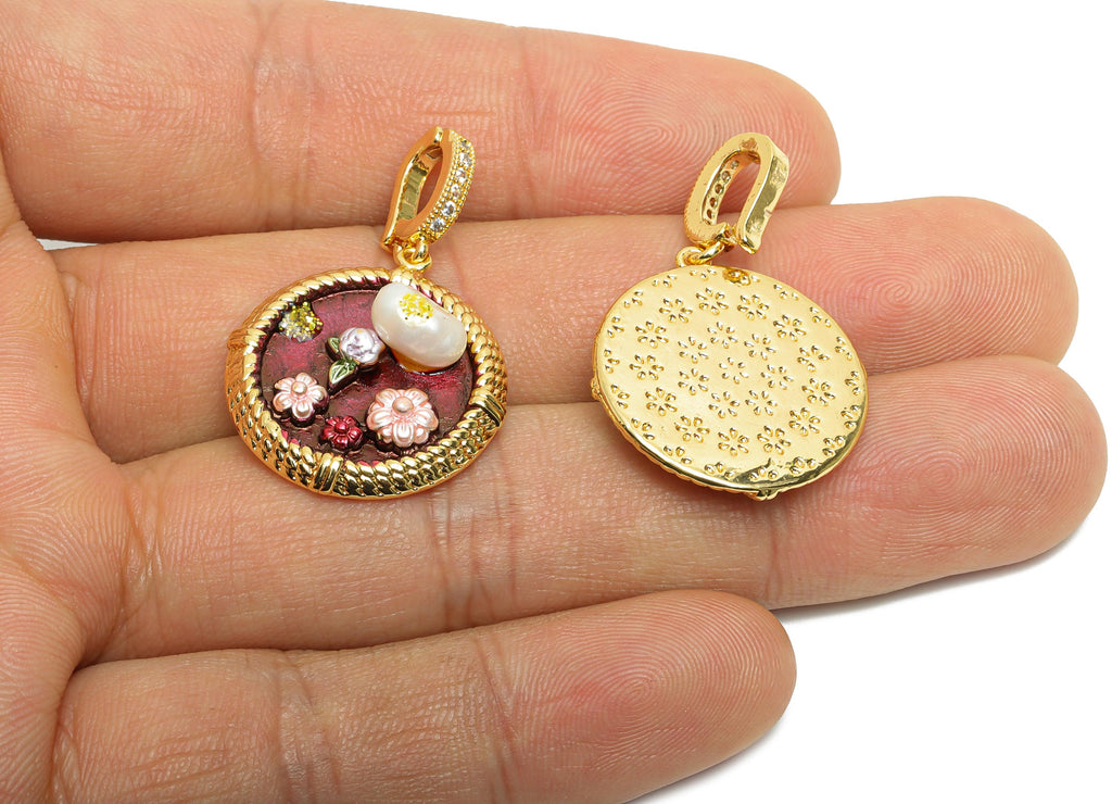 Brass Floral Pendant - Brass Luxe Enamel Pendant With Pearl - Dainty Bracelet Charm With Bail - 18K Real Gold Plated - 34x22x7mm - RGP10704 - DOMEDBAZAAR