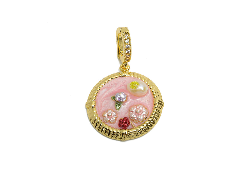 Brass Floral Pendant - Brass Luxe Enamel Dainty Pendant With Pearl - Spring Vintage With Bail - 18K Real Gold Plated - 34x22x6mm - RGP10698 - DOMEDBAZAAR
