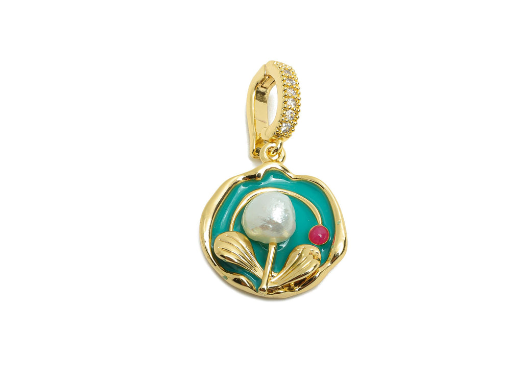 Textured Floral Pendant - Brass Pearl Enamel Pendant - Dainty Vintage Bracelet Charm With Bail - 18K Real Gold Plated - 31x18x7mm - RGP10701 - DOMEDBAZAAR