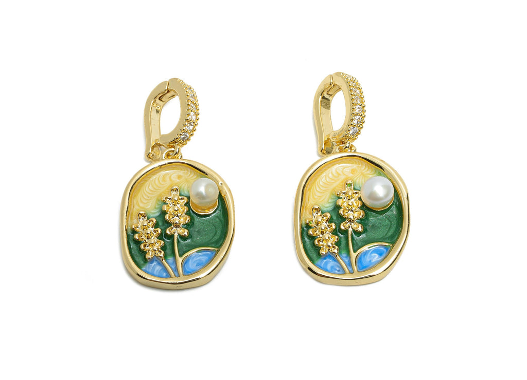 Elegant Floral Pendant - Brass Pearl Enamel Pendant - Boho Vintage Bracelet Charm With Bail - 18K Real Gold Plated - 33.68x16x5mm - RGP10702 - DOMEDBAZAAR