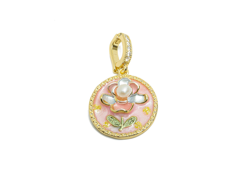 Summer Floral Pendant - Brass Luxury Enamel Pendant With Pearl - Vintage Bracelet Charm With Bail - 18K Real Gold Plated -29x18x6mm-RGP10707 - DOMEDBAZAAR