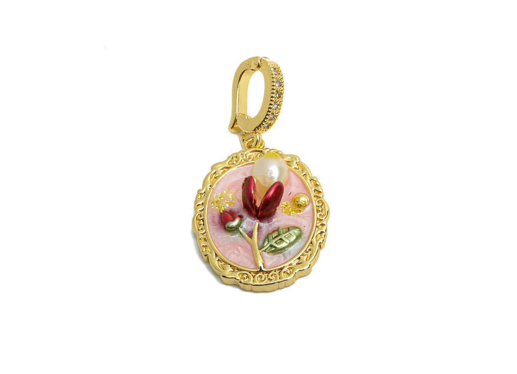 Elegant Floral Pendant - Brass Luxury Enamel Pendant With Pearl -  Vintage Looking Pendant - 18K Real Gold Plated - 33x17x6.02mm - RGP10714 - DOMEDBAZAAR