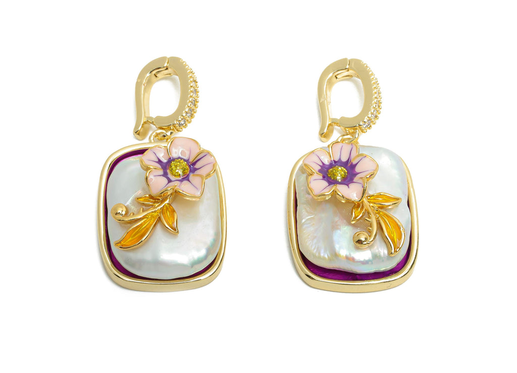 Mother of Pearl Pendant - Brass Luxury Enamel Floral Pendant - Elegant Bracelet Charm With Bail - 18K Real Gold Plated - 35x17x10mm-RGP10700 - DOMEDBAZAAR