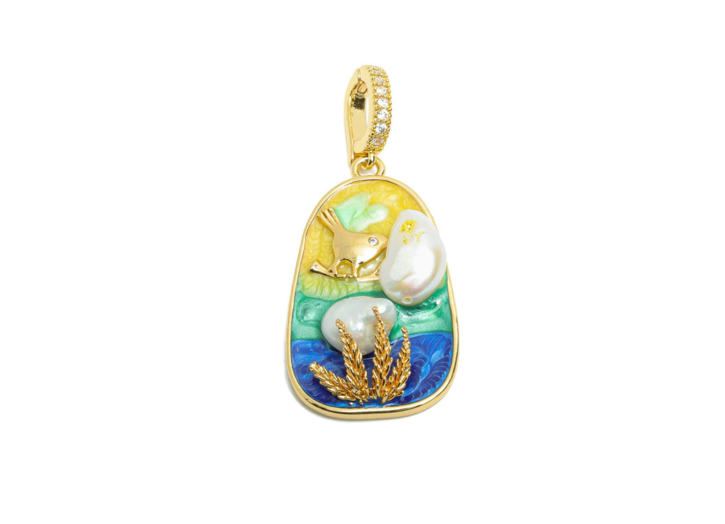 Elegant Bird Pendant - Brass Luxury Enamel Pendant With Pearl -  Vintage Looking With Bail - 18K Real Gold Plated - 46x20x7.87mm - RGP10699 - DOMEDBAZAAR