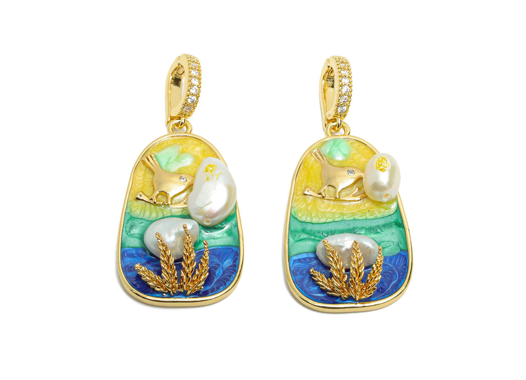 Elegant Bird Pendant - Brass Luxury Enamel Pendant With Pearl -  Vintage Looking With Bail - 18K Real Gold Plated - 46x20x7.87mm - RGP10699 - DOMEDBAZAAR