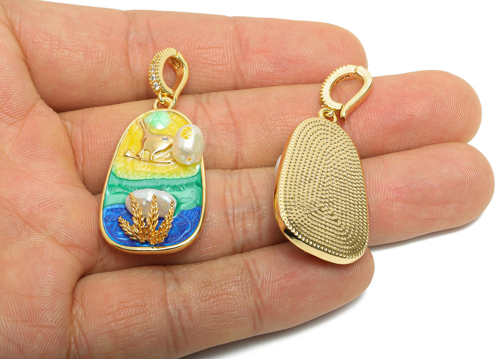 Elegant Bird Pendant - Brass Luxury Enamel Pendant With Pearl -  Vintage Looking With Bail - 18K Real Gold Plated - 46x20x7.87mm - RGP10699 - DOMEDBAZAAR