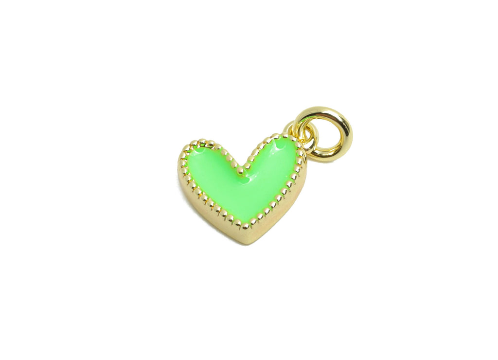 Brass Heart Earring Charm - Brass Green Enamel Earring Charm - Beaded Heart For Bracelet - 18K Real Gold Plated - 8.3x7.56x2.21mm - RGP10600 - DOMEDBAZAAR