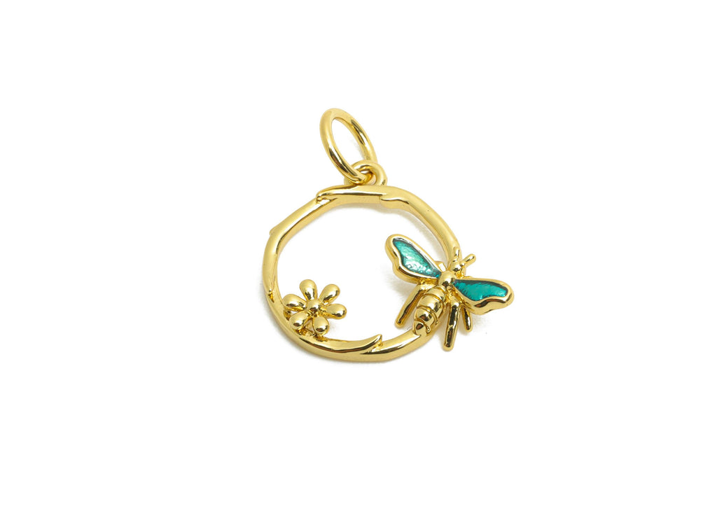 Brass Bee Hoop Earring Charm - Brass Flower Enamel Pendant - Cute Bee Ring Charm For Bracelet - 18K Real Gold Plated - 13x14x2mm - RGP10605 - DOMEDBAZAAR