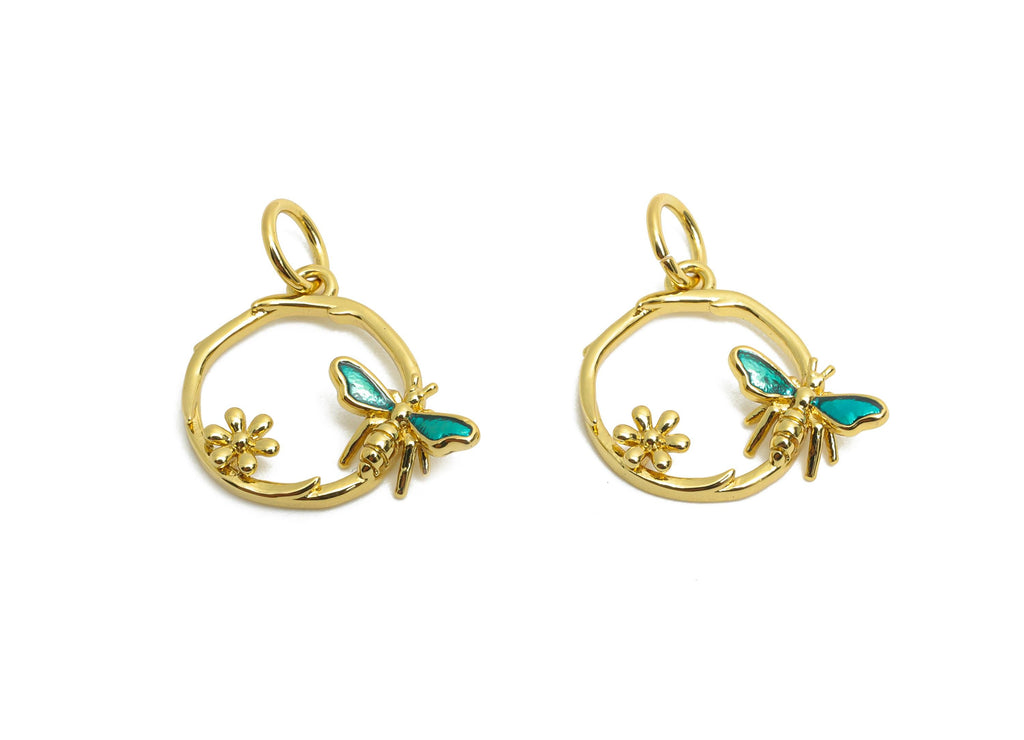 Brass Bee Hoop Earring Charm - Brass Flower Enamel Pendant - Cute Bee Ring Charm For Bracelet - 18K Real Gold Plated - 13x14x2mm - RGP10605 - DOMEDBAZAAR