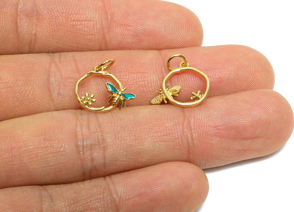Brass Bee Hoop Earring Charm - Brass Flower Enamel Pendant - Cute Bee Ring Charm For Bracelet - 18K Real Gold Plated - 13x14x2mm - RGP10605 - DOMEDBAZAAR